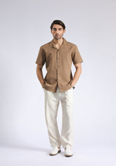 Cuban Collar Brown Textured Shirt